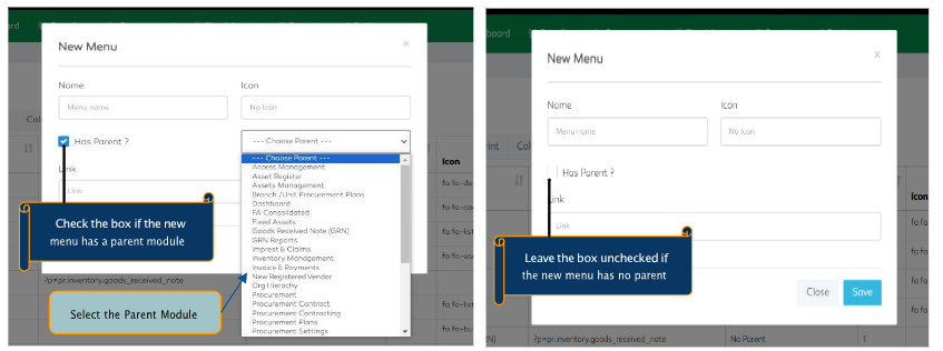 P2P Menu configuration parent