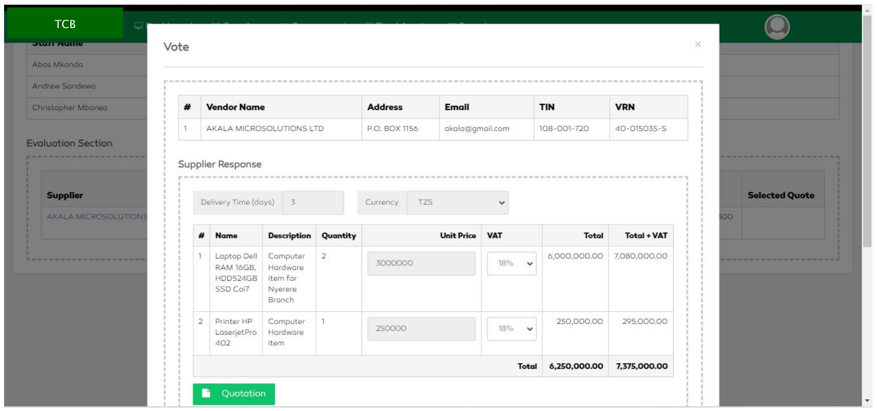 P2P Quotation Details in Evaluation Form